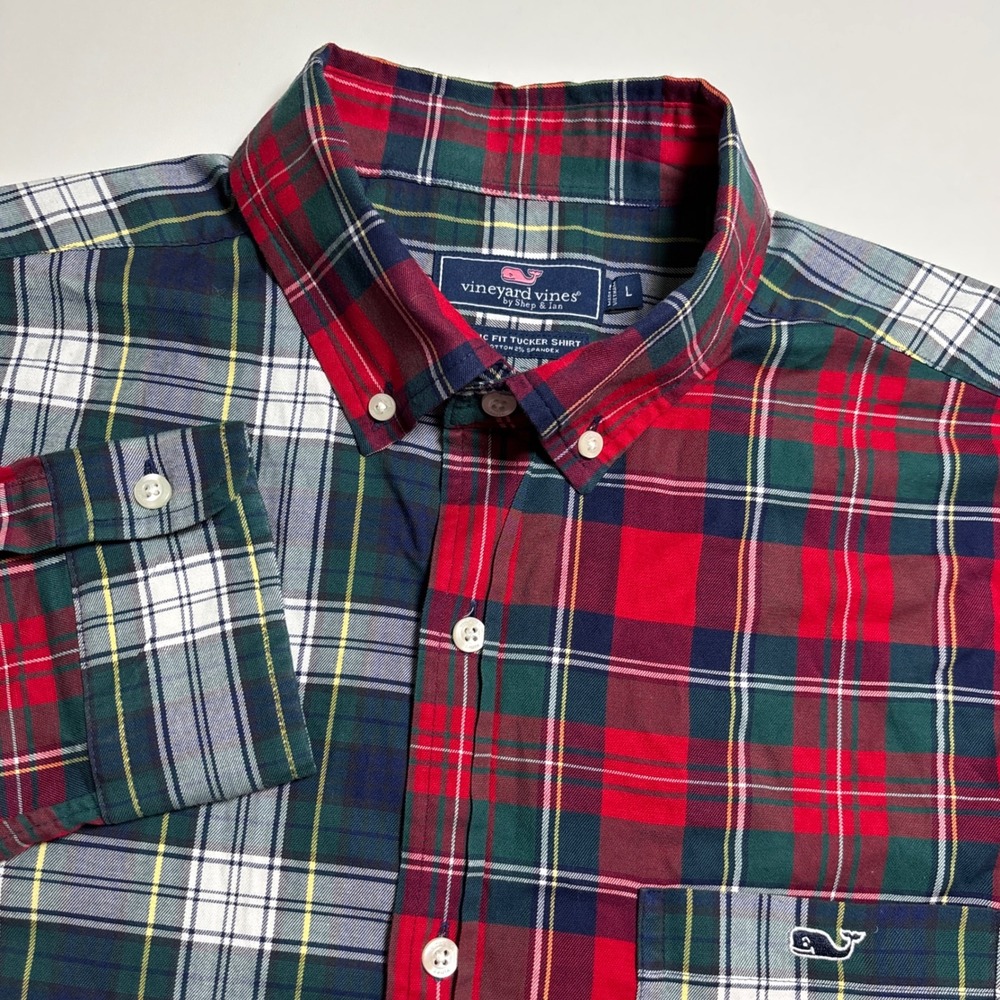 Vineyard Vines Patchwork Plaid Classic Fit Mens L Green Red Tucker Shirt